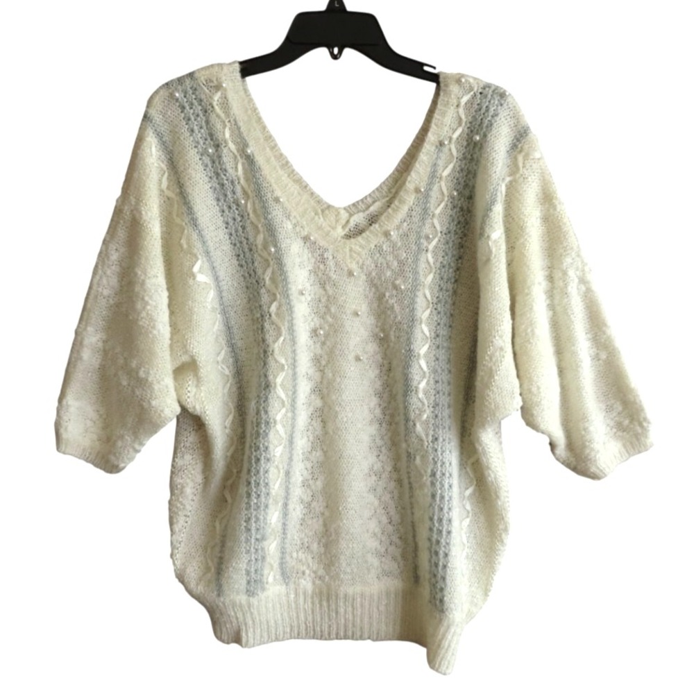 VTG Karen Scott V-NECK DOLMAN SLEEVE SWEATER Ivory Pearls & Shiny Embroidery M